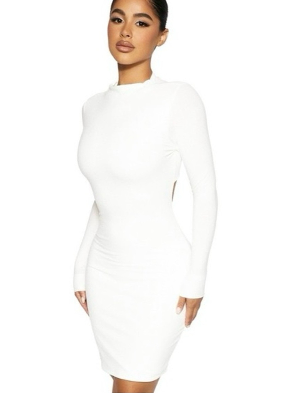 Naked Wardrobe NW Mock Neck Mini Long Sleeve Dress White